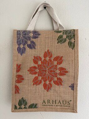 ARHAUS 100% Jute Tote with Floral Print and Arhaus Logo is New w/o Tags!